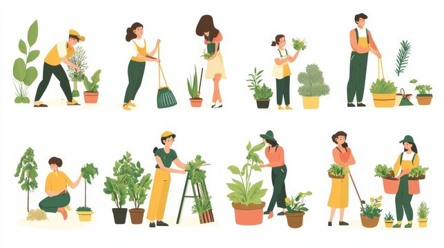 Collection of gardening scenes with diverse characters performing seasonal garden chores, illustrated with clean vector lines