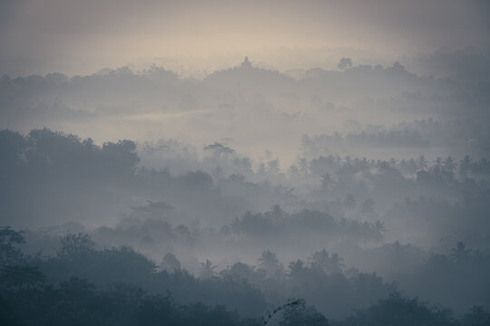 Candi Borobudur view from Puthuk Setumbu during sunrise, Java, Indonesia
