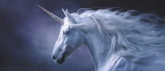 Naklejka premium The Unicorn in a Moonlit Portrait with Flowing White Mane and Horn