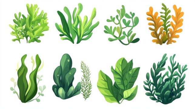 Set of marine algae icons with tropical water vegetation, stylized cartoon kelp, underwater flora, ideal for aquarium theme designs