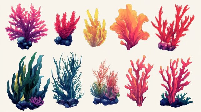 Vector pack of ocean plants showing soft corals, floating laminaria, deep sea wracks and bubble-wrapped kelp in bright colors