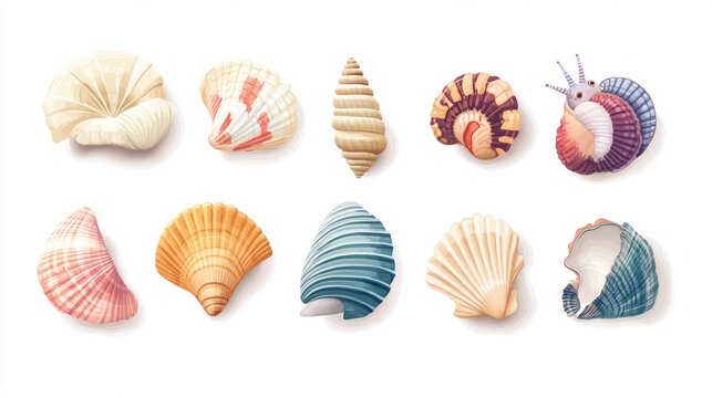 Flat vector illustration of assorted colorful sea shells and marine molluscs with clean lines and soft shadows, isolated on white