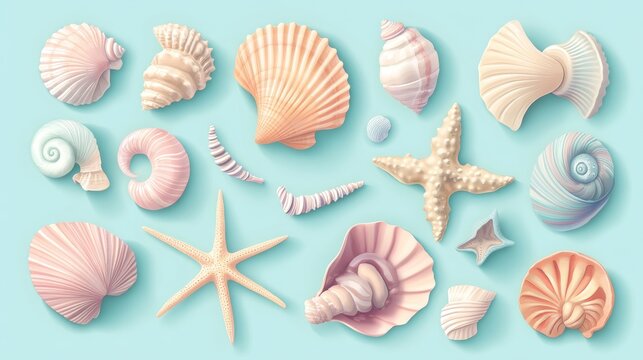 Modern design set featuring scallop shells, spiral sea snails, cone shells and textured starfish in pastel ocean-inspired hues