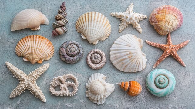 Modern design set featuring scallop shells, spiral sea snails, cone shells and textured starfish in pastel ocean-inspired hues