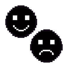 Pixel art happy and sad emoji faces vector flat design