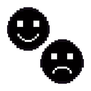 Pixel art happy and sad emoji faces vector flat design