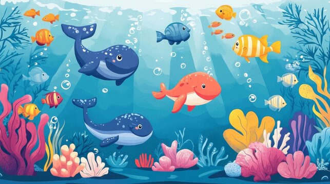 Bright and playful underwater scene in cartoon style featuring various sea creatures and ocean flora with clear outlines