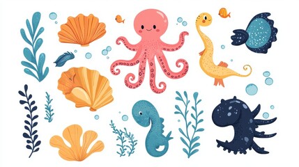 Naklejka premium Flat marine life collection with cute sea animals like octopus, seahorses, shellfish and underwater plant elements