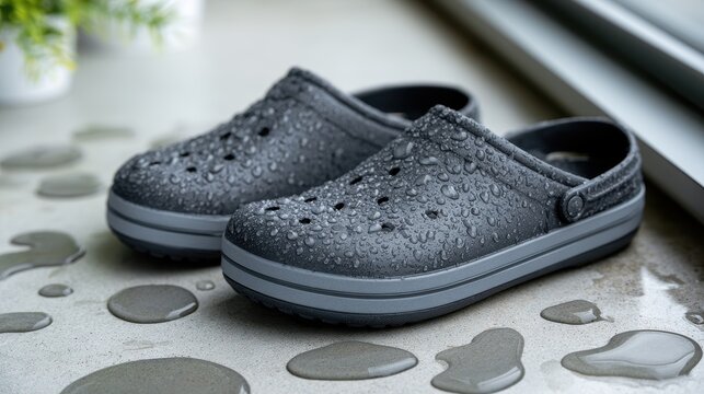 Pair of dark grey rubber clogs with water droplets on a wet surface in a bright indoor setting showing casual footwear design for summer comfort and outdoor leisure activities