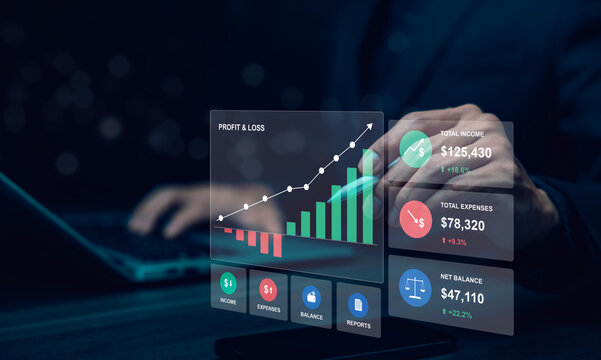 Profit and loss dashboard with income, expenses and net balance on virtual interface above smartphone, representing financial analysis, business performance tracking and digital accounting.