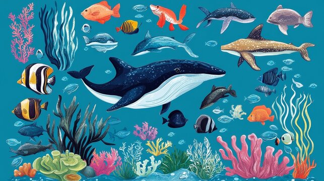 Vector ocean biodiversity pack with detailed aquatic creatures and coral reef ecosystem, perfect for educational content