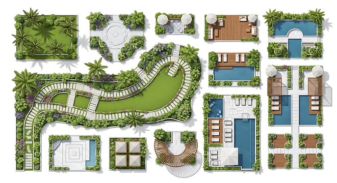Architectural site plan showcasing various residential layouts with pools and lush landscaping.