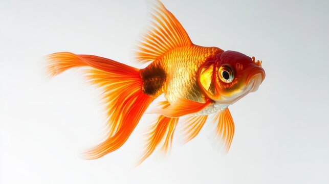 Bright studio-style photo of a fancy goldfish captured mid-swim, white background with high contrast and natural color