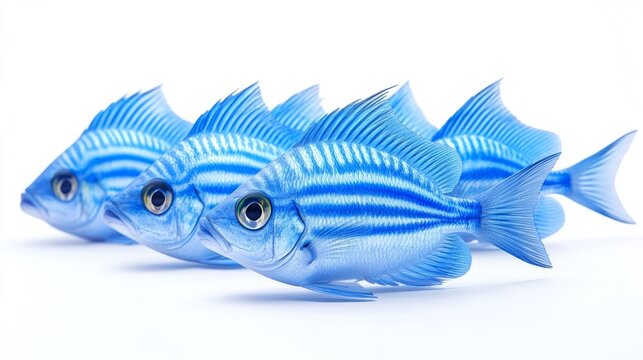 Isolated image of striated fusilier fish school, vibrant blue with horizontal stripes, arranged naturally on white background