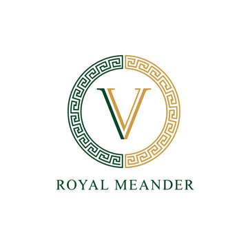Royal Meander V Monogram Logo With Greek Meander Border in Green and Gold for Luxury Brands.