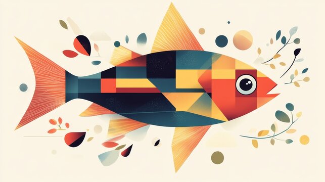 Modern geometric fish illustrations with simplified features, flat design, bold outlines and cheerful expression