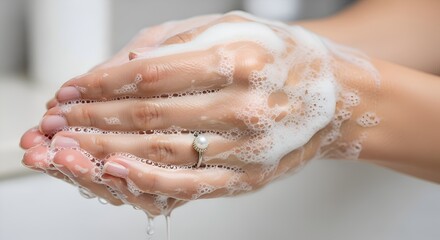 Fototapeta premium Woman washing hands with soap and foam, hygiene and cleanliness, close-up shot