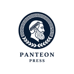 Panteon Press Classical Logo With Laurel Wreath, Profile Portrait and Greek Key Emblem. © ainun
