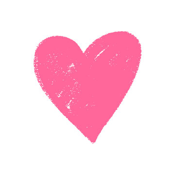 Solid pink heart symbol in hand drawn crayon style. Creative chalk doodle element with rough texture for valentine, love, and modern graphic design projects.