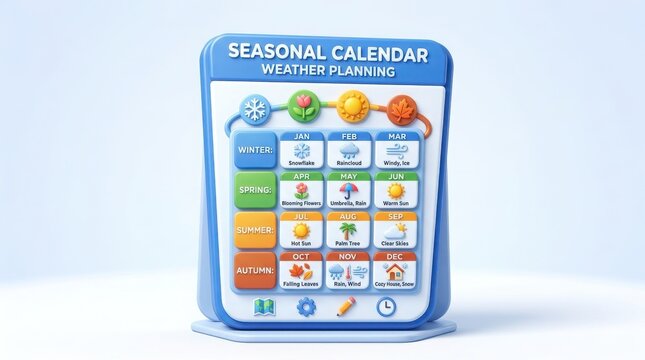 Educational seasonal calendar for weather planning, colorful plastic toy board with months and seasons, preschool learning tool for kids isolated on White Background