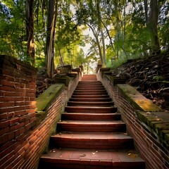 Obraz premium Ascending brick stairs through lush, sun-dappled woods