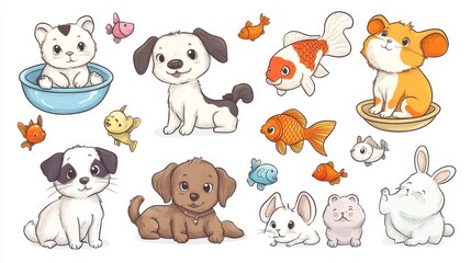 Obraz premium Cartoon doodle illustration of various pet animals including playful dogs, curious cats, fluffy rabbits, birds on perches, hamsters with wheels and goldfish in bowls, isolated on white