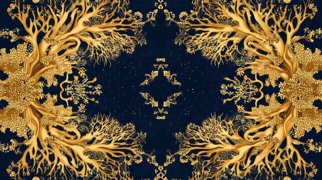 Stylized repeating pattern showing gold coral formations and underwater flora, arranged symmetrically for use in luxury wallpapers or fashion textiles