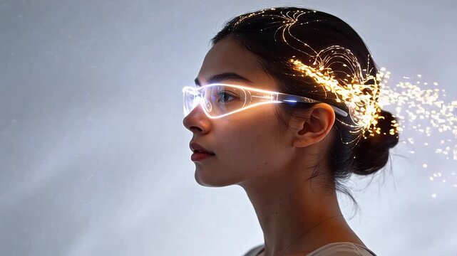 Woman wearing futuristic glasses with light trails