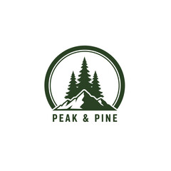 Obraz premium Peak & Pine Mountain Logo With Pine Trees, Outdoor Badge For Adventure, Camping, Hiking Brands.