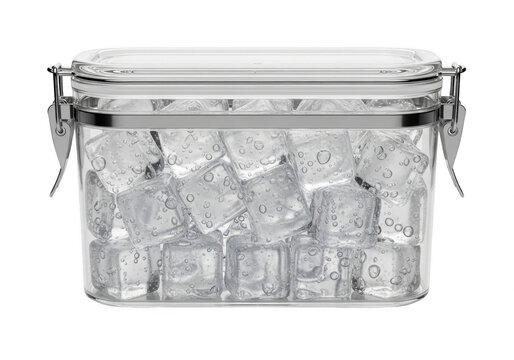 Clear glass storage jar filled with ice cubes, airtight kitchen canister with metal latch, transparent food container for cooling