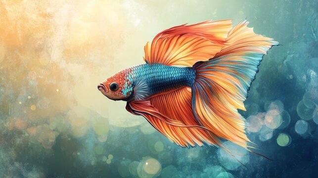 Hand-painted fish illustration showing exotic species such as Betta Splendens and Mandarine Trigger with realistic fin details and flowing aquatic motion