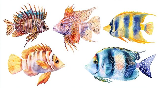 Watercolor vector layout of marine fish species including Yellow Tang and Lionfish, each with unique textures and naturalistic scale pattern effects