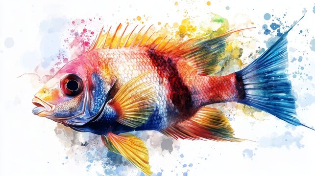 Realistic artistic fish series showing vivid coral reef fish in side profile, each painted with lifelike gradients and ink-line detailing in watercolor style