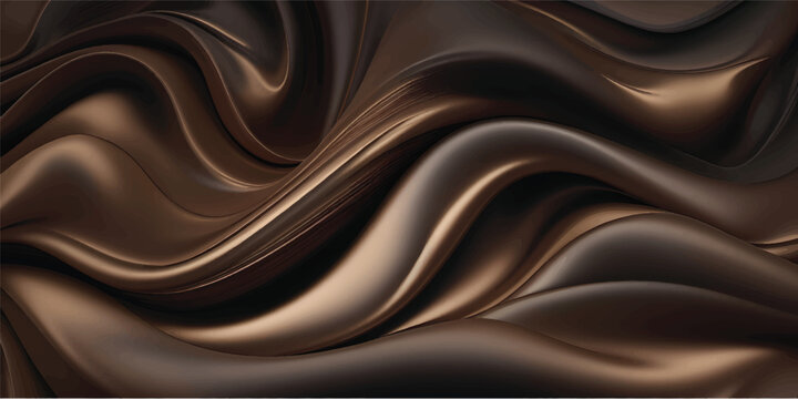 A dark brown leather texture background blends with smooth chocolate silk waves and flowing luxury satin curves for a soft textile material design