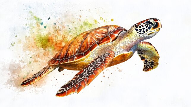Artistic illustration of a sea turtle gliding gently, shell patterns painted in layered watercolors, white background emphasizing marine elegance