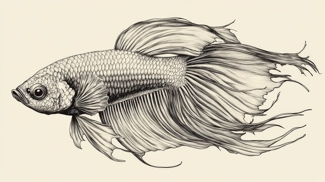 Vintage vector illustration of fighting fish Betta splendens in side profile, detailed ink-style hatching showing ornamental fin patterns