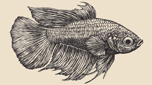 Vintage vector illustration of fighting fish Betta splendens in side profile, detailed ink-style hatching showing ornamental fin patterns