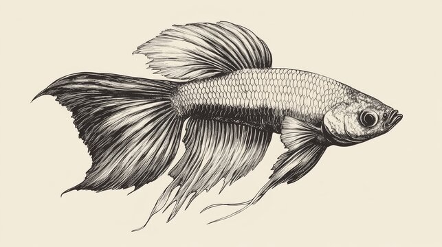 Vintage vector illustration of fighting fish Betta splendens in side profile, detailed ink-style hatching showing ornamental fin patterns