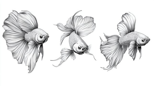 Collection of monochrome sketches of Betta fish in dynamic swimming poses, emphasizing tail spread, gill flaring, and elegant body curves