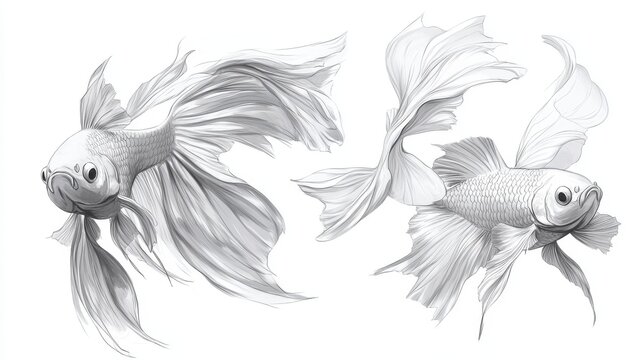Collection of monochrome sketches of Betta fish in dynamic swimming poses, emphasizing tail spread, gill flaring, and elegant body curves