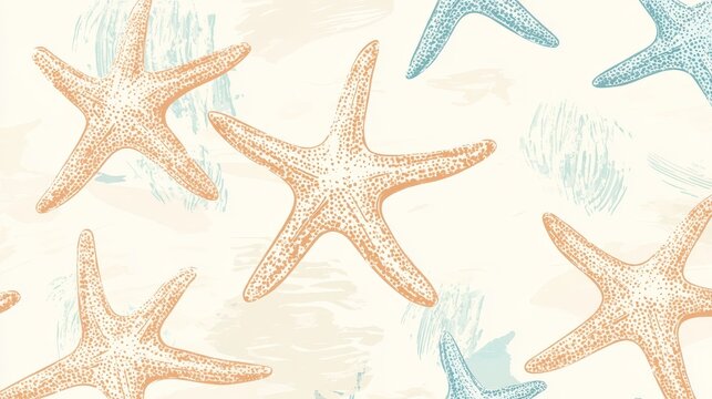 Hand drawn seamless marine pattern of charming cartoon-style starfish with subtle textures and pale beach-inspired colors