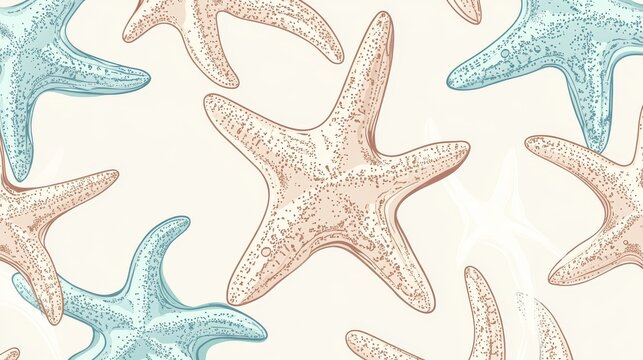 Hand drawn seamless marine pattern of charming cartoon-style starfish with subtle textures and pale beach-inspired colors