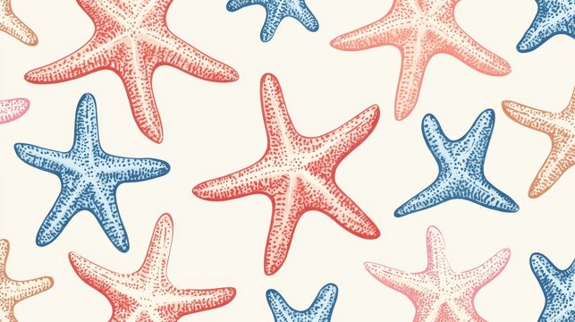 Hand drawn seamless marine pattern of charming cartoon-style starfish with subtle textures and pale beach-inspired colors