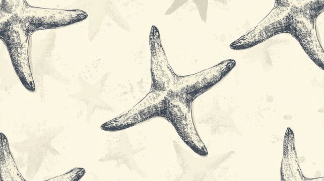 Coastal-themed seamless vector print with cute hand-sketched starfishes on a creamy background, subtle grainy texture for a soft nostalgic look