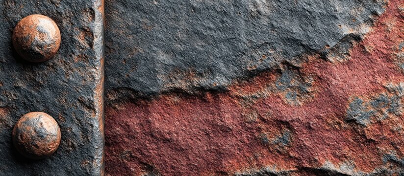 Close-up of weathered surface with rusty rivets, showcasing texture, contrasting colors, and age