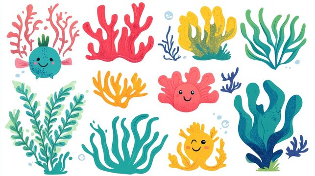 Flat cartoon-style vector set of colorful seaweeds and coral plants, designed with smooth curves and smiling faces for children