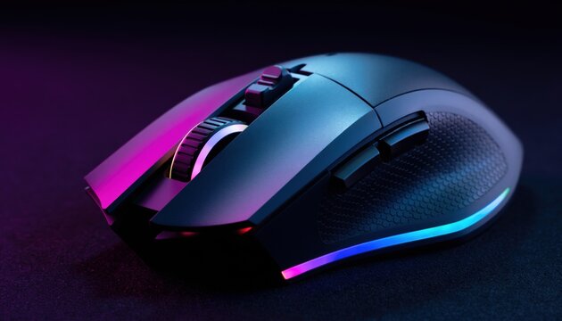 Modern ergonomic wireless gaming mouse with customizable RGB LED lighting strips, textured side grip, programmable side buttons, and illuminated scroll wheel on a black surface.
