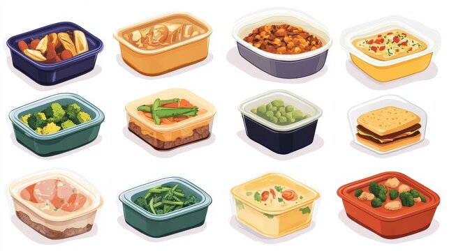 Vector illustration of a variety of reusable food containers, including square, round, and rectangular shapes, each showing different dishes like curry, steamed vegetables, sandwich, and soup,