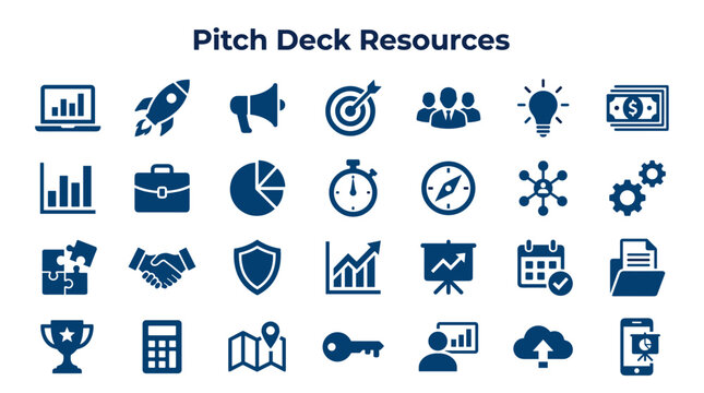 Pitch Deck Resources Icons Set for Business Startup Success and Strategy Planning