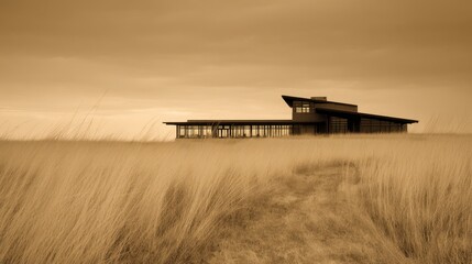 Fototapeta premium Modern architectural house in golden grass landscape under cloudy sky during sunset with serene atmosphere
